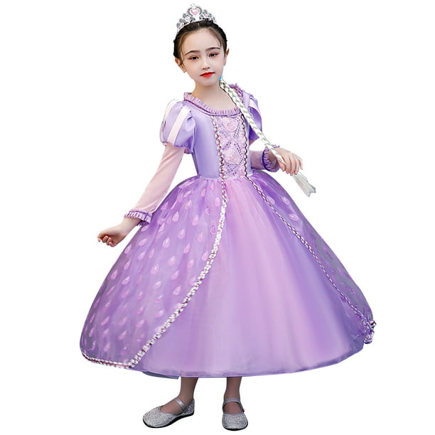 Baby Girls Cosplay Sofia Dress Up Princess Dress Kids Sofia Puff Sleeve Floral Beadings Party Child Prom Purple Costume 